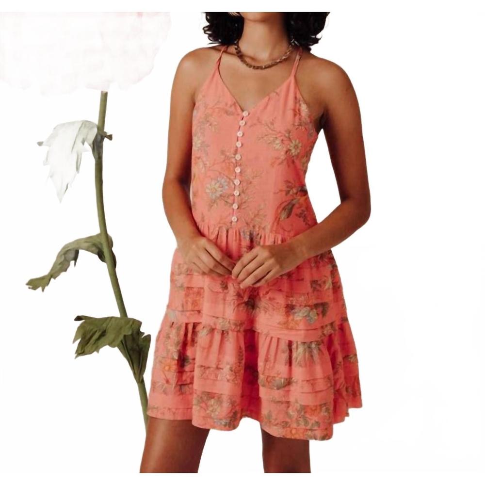 Floral Coral Tiered Mini Dress with Buttons